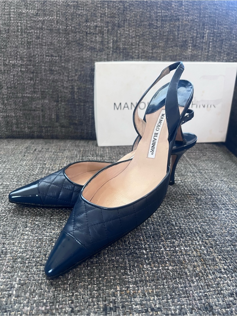MANOLO BLAHNIK Irie Navy Quilted Patent Leather Cap Toe Slingback - Size 38 1/2